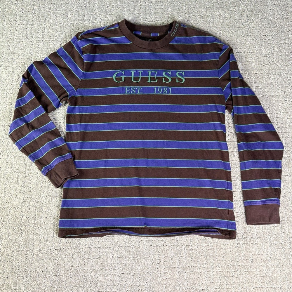Vtg GUESS Jeans Striped Spellout Shirt M Hip Hop Surf Skate Grunge ASAP 90s Y2K